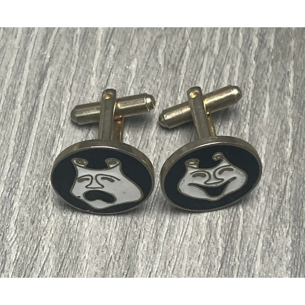 Vintage Theater Comedy Tragedy Masks Cufflinks Gold Enamel Performing Arts